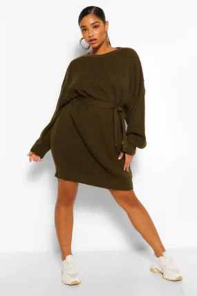 Plus Waffle Knitted Self Belt Sweater Dress