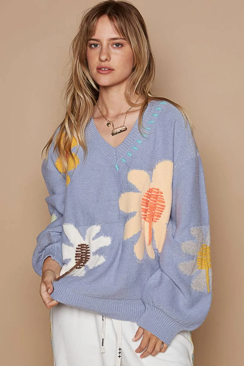 Pol Clothing - Oversize floral pattern print v-neck pullover sweater SALE: SOFT SAGE / M