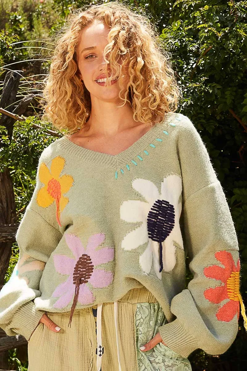 Pol Clothing - Oversize floral pattern print v-neck pullover sweater SALE: SOFT SAGE / M