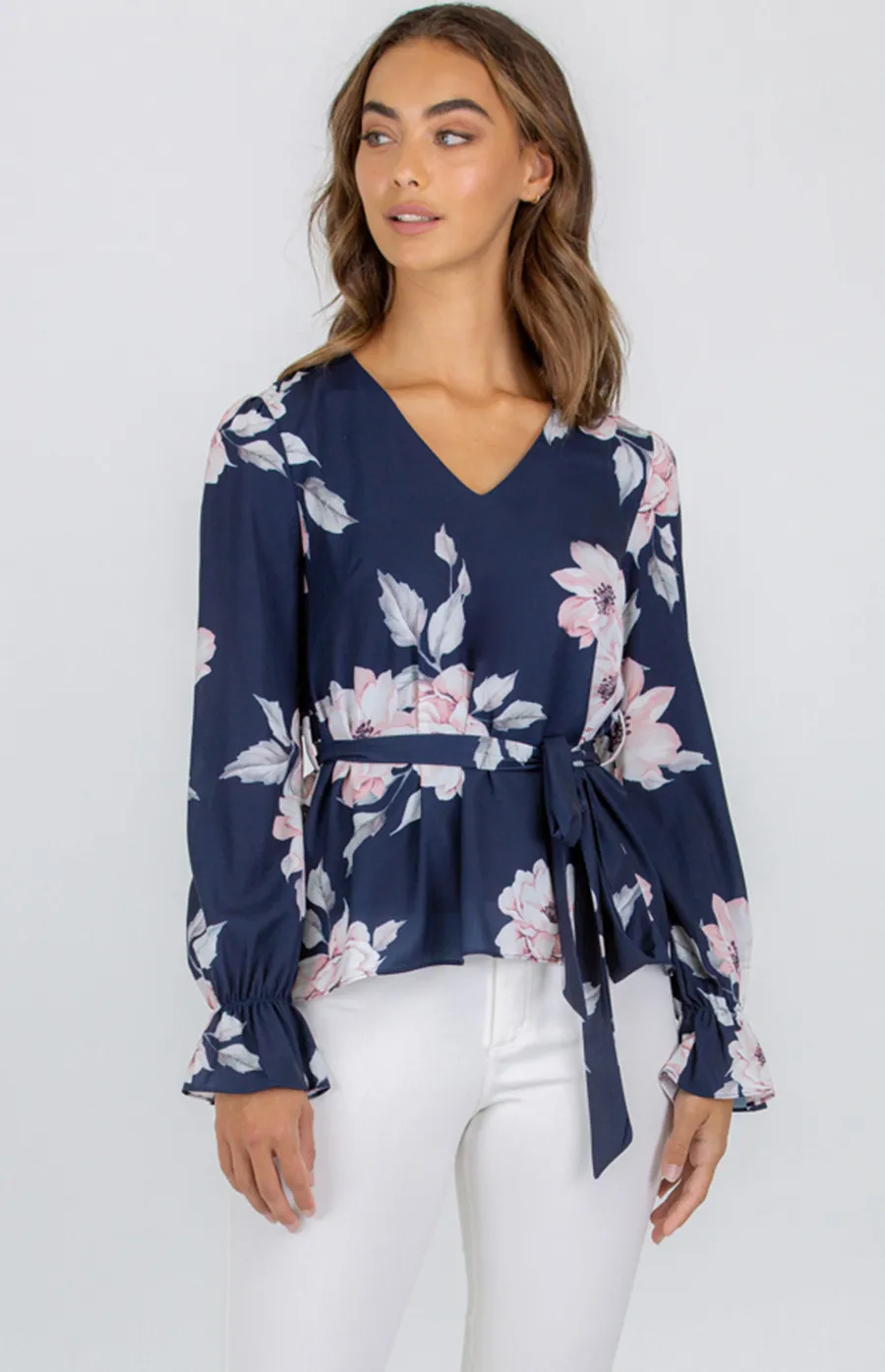 Printed V Neckline Blouse with Self Fabric Belt (AT6-3A)