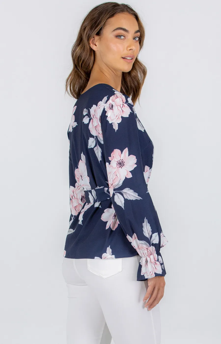 Printed V Neckline Blouse with Self Fabric Belt (AT6-3A)