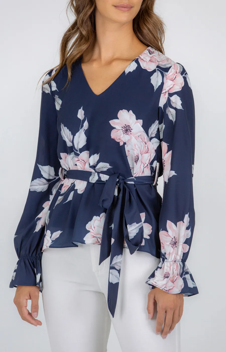 Printed V Neckline Blouse with Self Fabric Belt (AT6-3A)