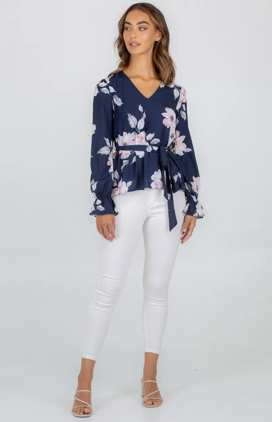 Printed V Neckline Blouse with Self Fabric Belt (AT6-3A)