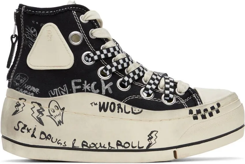 R13 Black Graffiti Double Grommet Kurt Sneakers