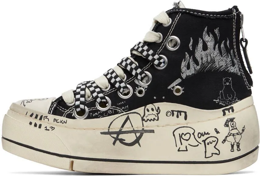 R13 Black Graffiti Double Grommet Kurt Sneakers