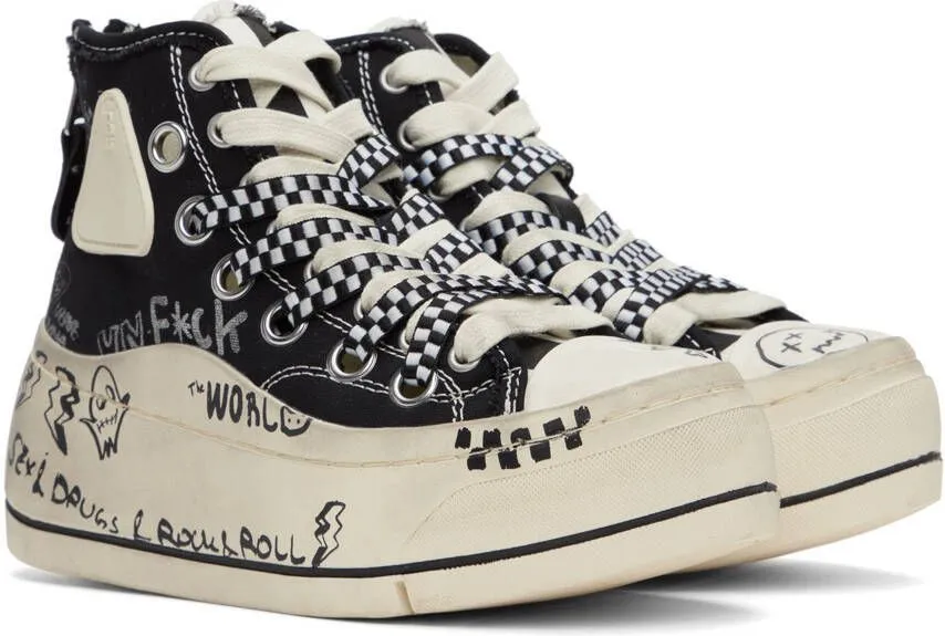 R13 Black Graffiti Double Grommet Kurt Sneakers