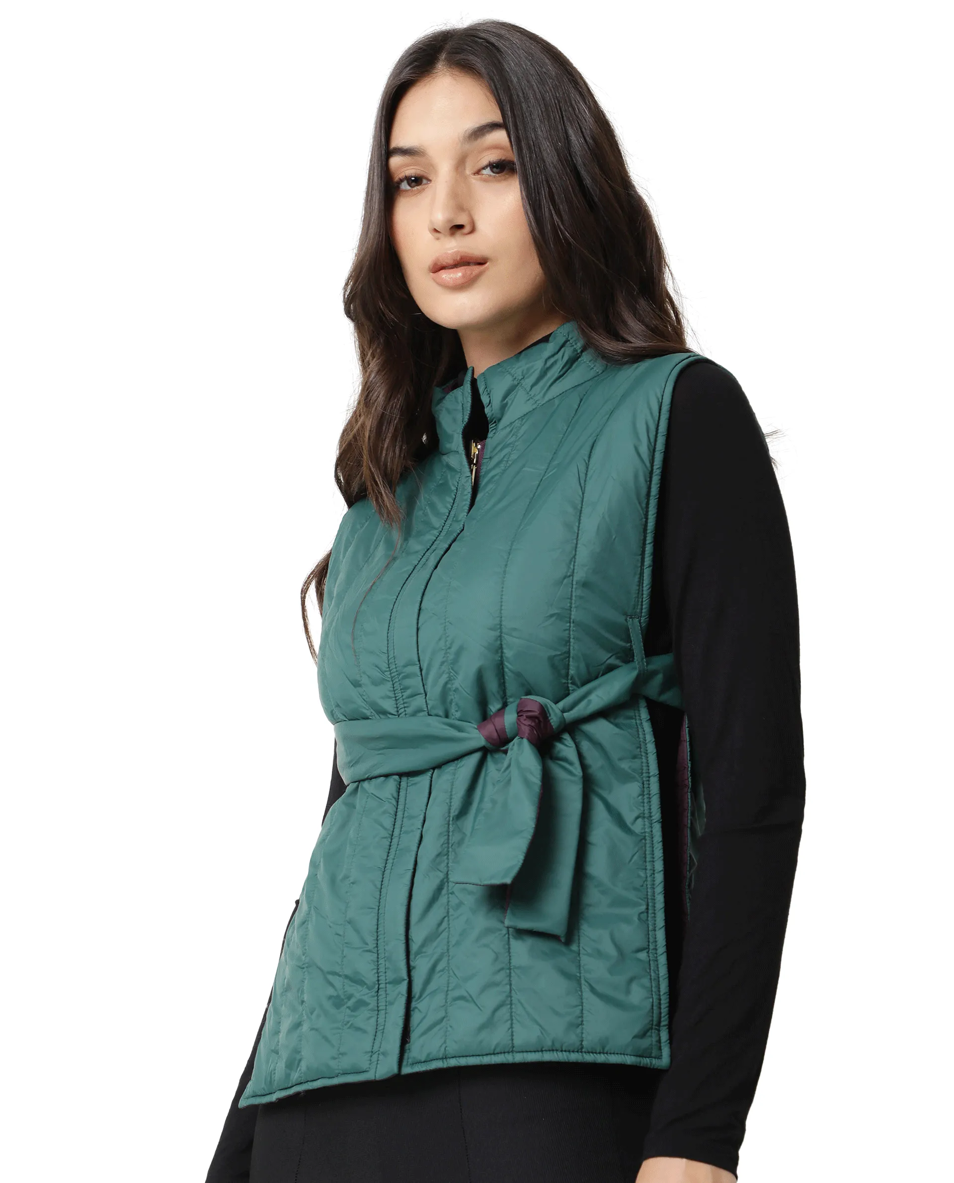 Rareism Women Aurora Green Polyester Fabric Sleeveless Solid High Neck Jacket