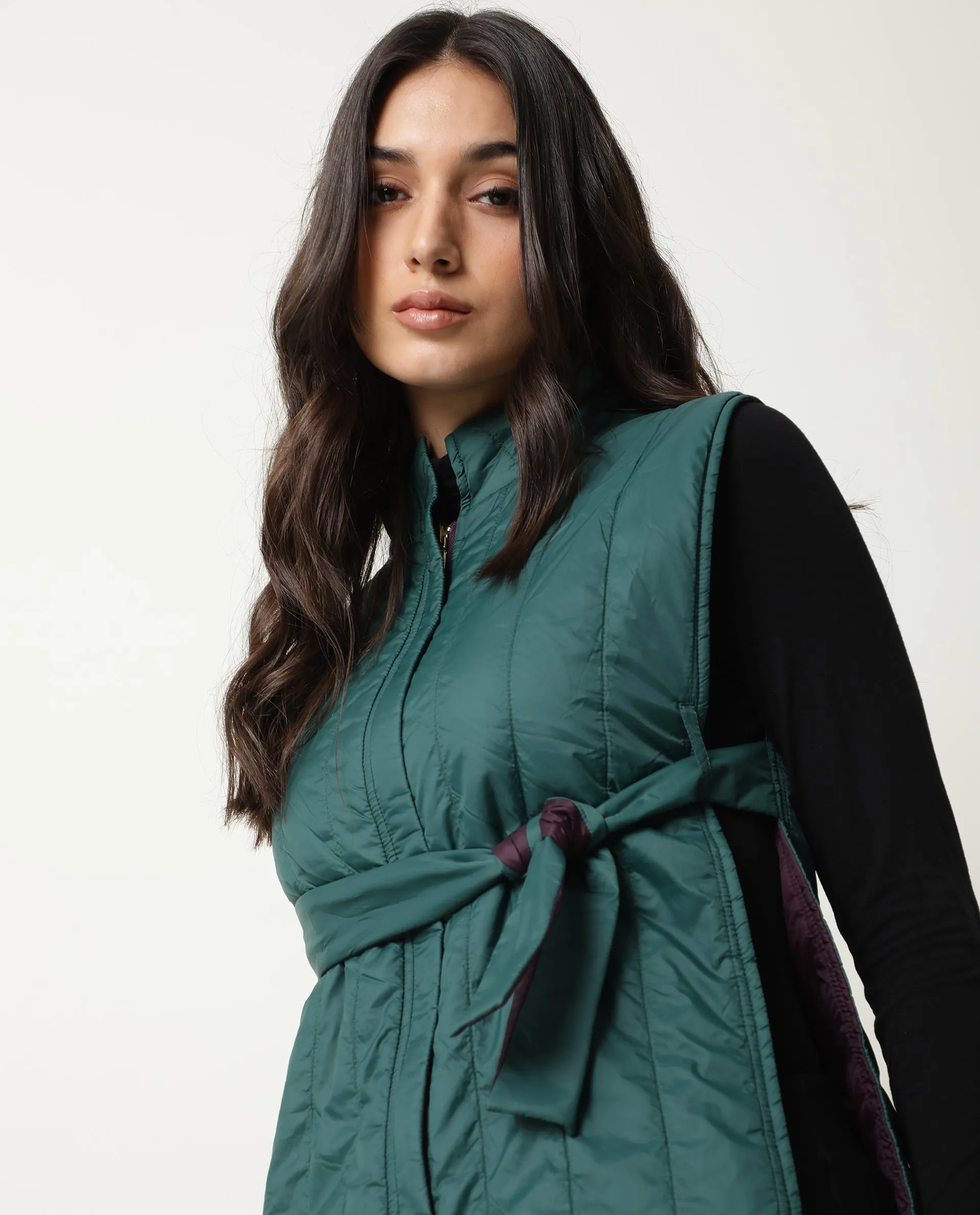 Rareism Women Aurora Green Polyester Fabric Sleeveless Solid High Neck Jacket