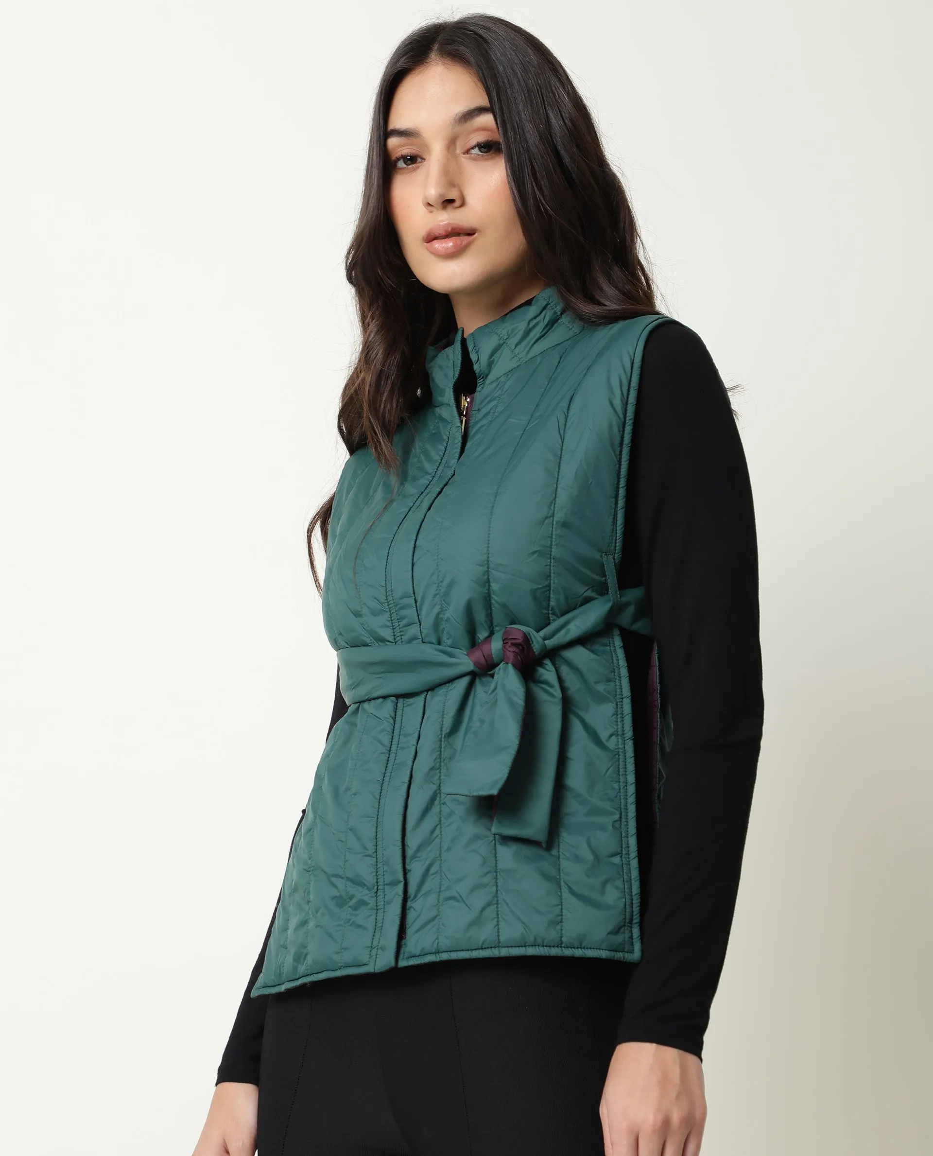 Rareism Women Aurora Green Polyester Fabric Sleeveless Solid High Neck Jacket