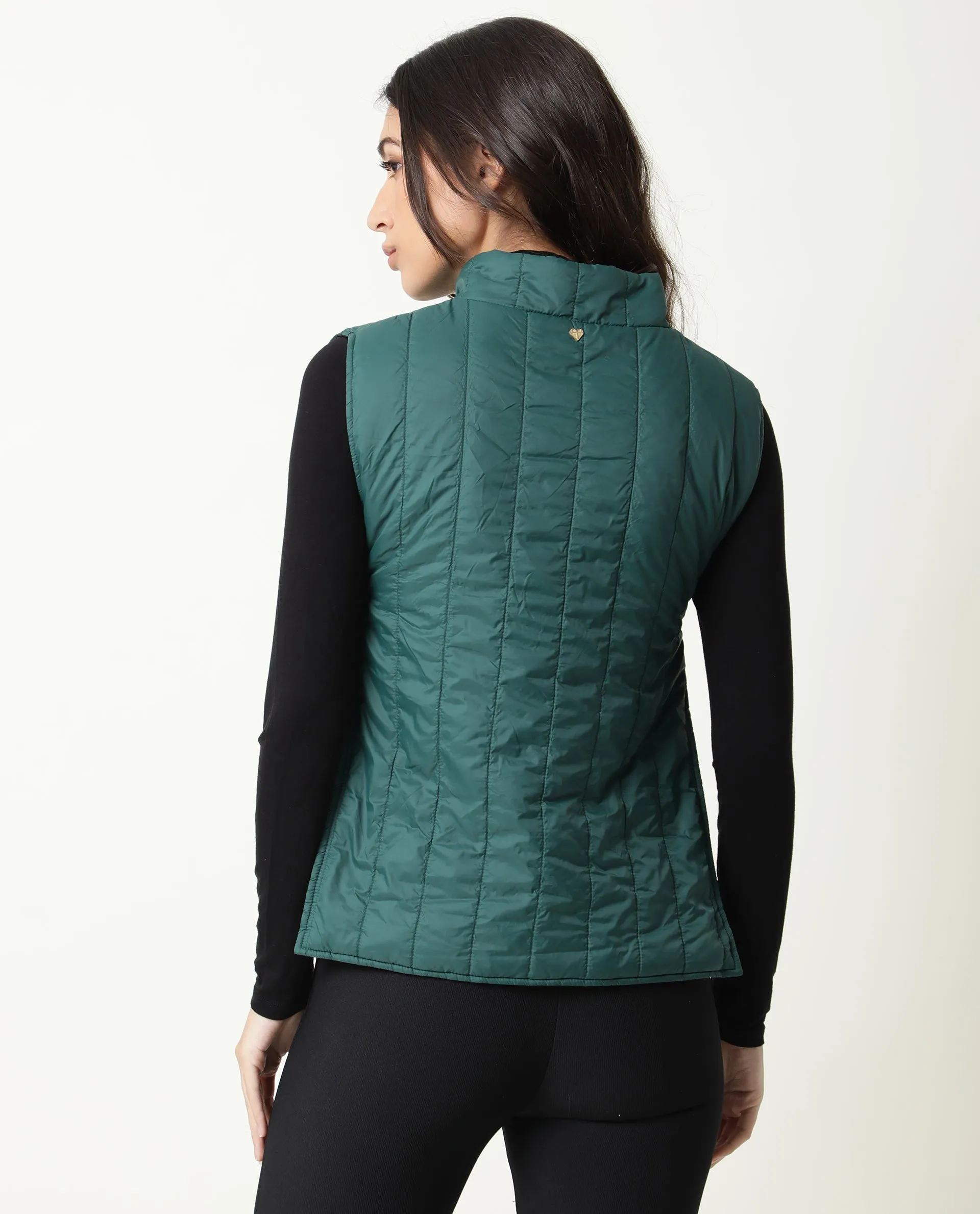 Rareism Women Aurora Green Polyester Fabric Sleeveless Solid High Neck Jacket