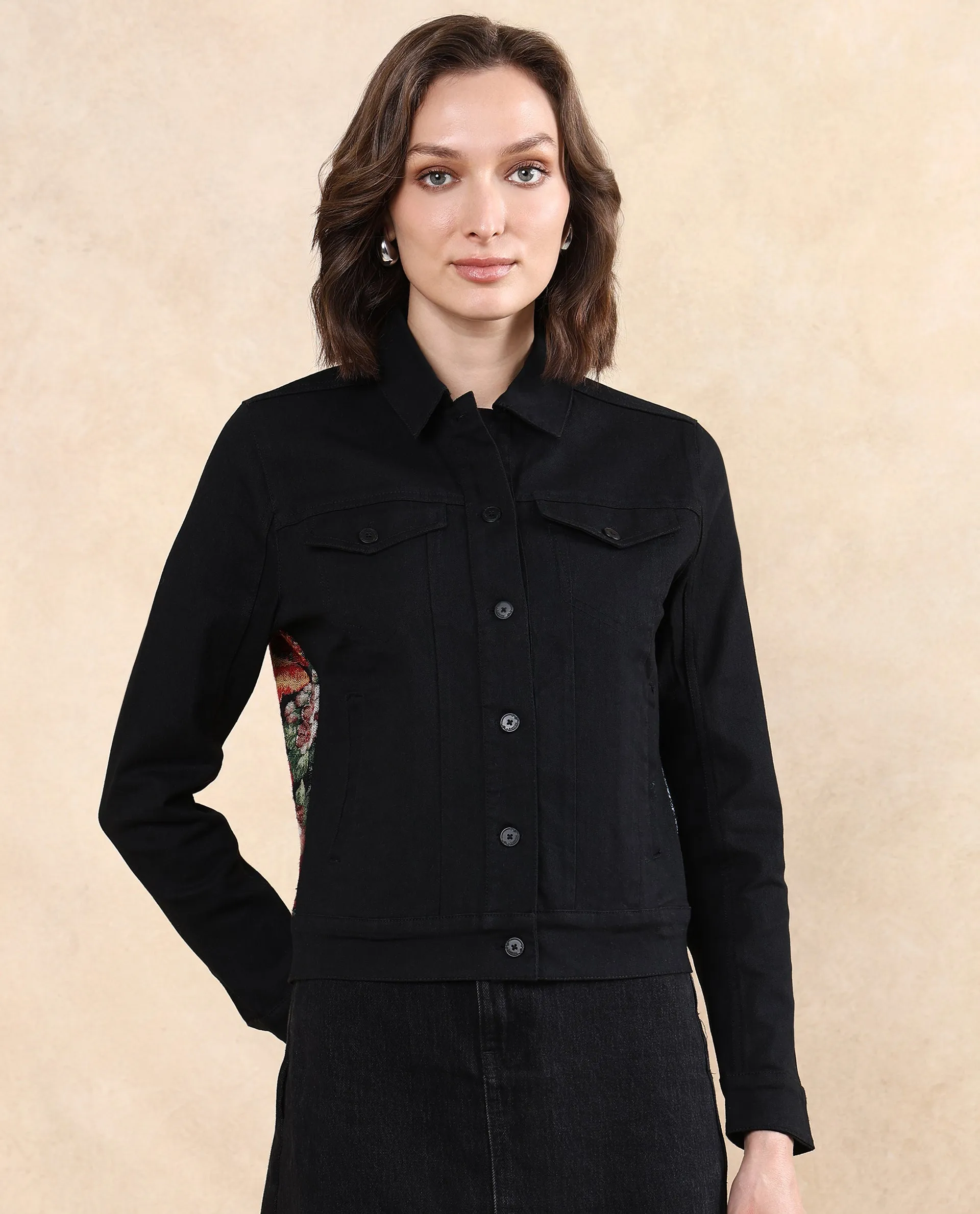 Rareism Women Floria Black Cuffed Sleeve Collared Neck Button Closure Regular Fit Plain Jacket