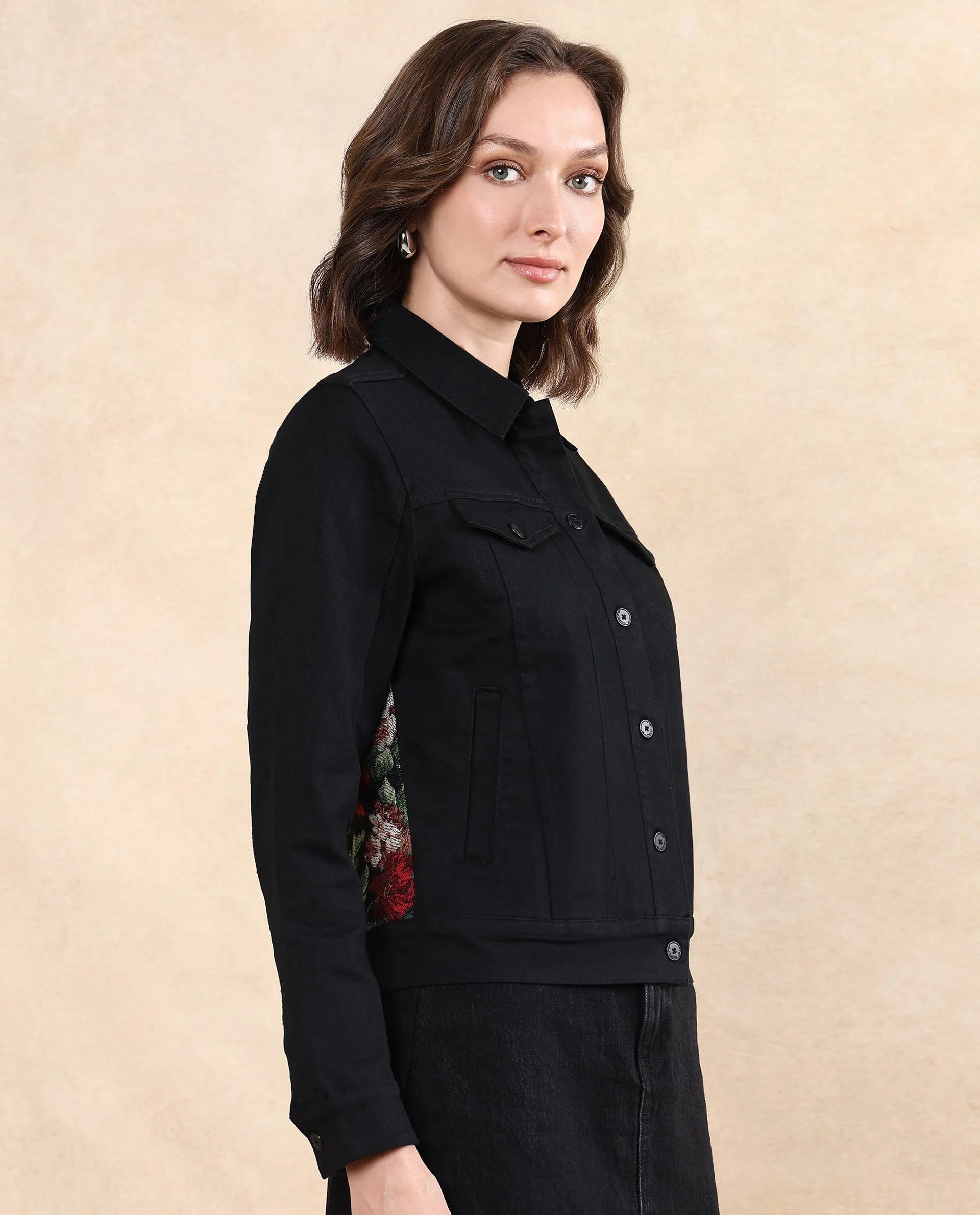 Rareism Women Floria Black Cuffed Sleeve Collared Neck Button Closure Regular Fit Plain Jacket