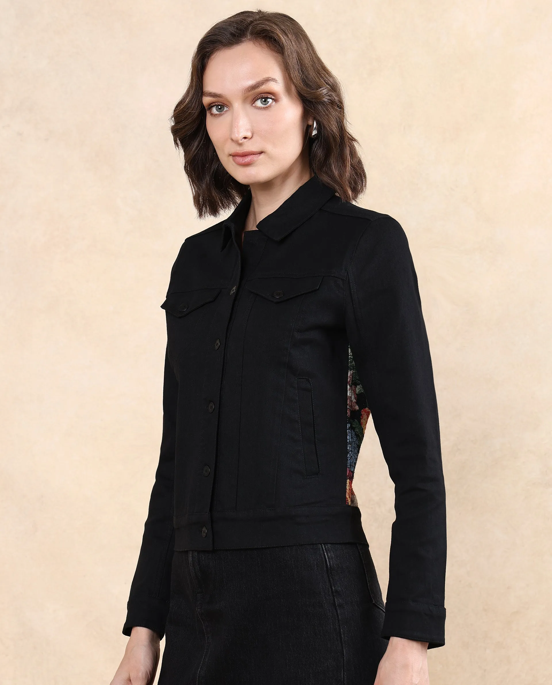 Rareism Women Floria Black Cuffed Sleeve Collared Neck Button Closure Regular Fit Plain Jacket