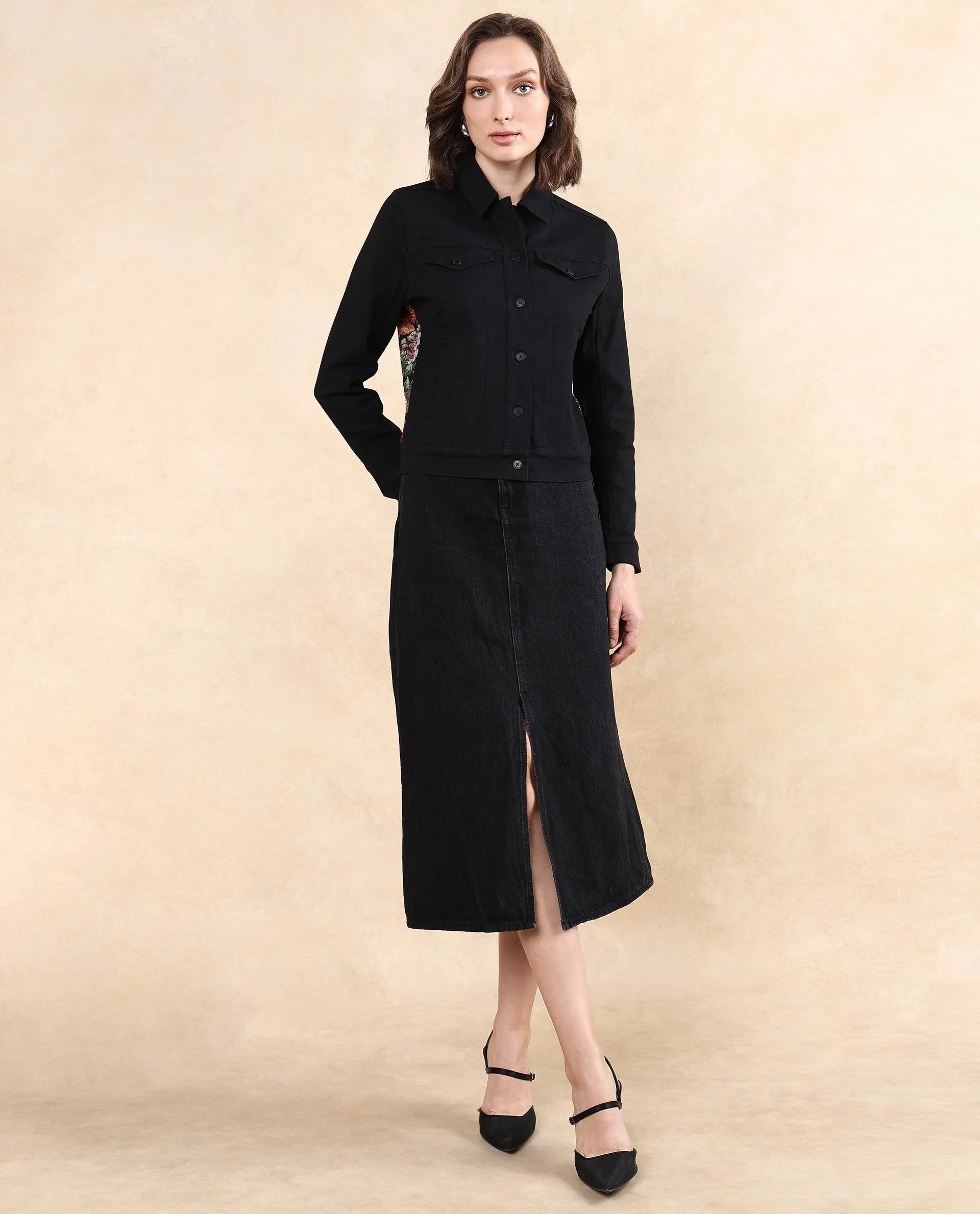 Rareism Women Floria Black Cuffed Sleeve Collared Neck Button Closure Regular Fit Plain Jacket