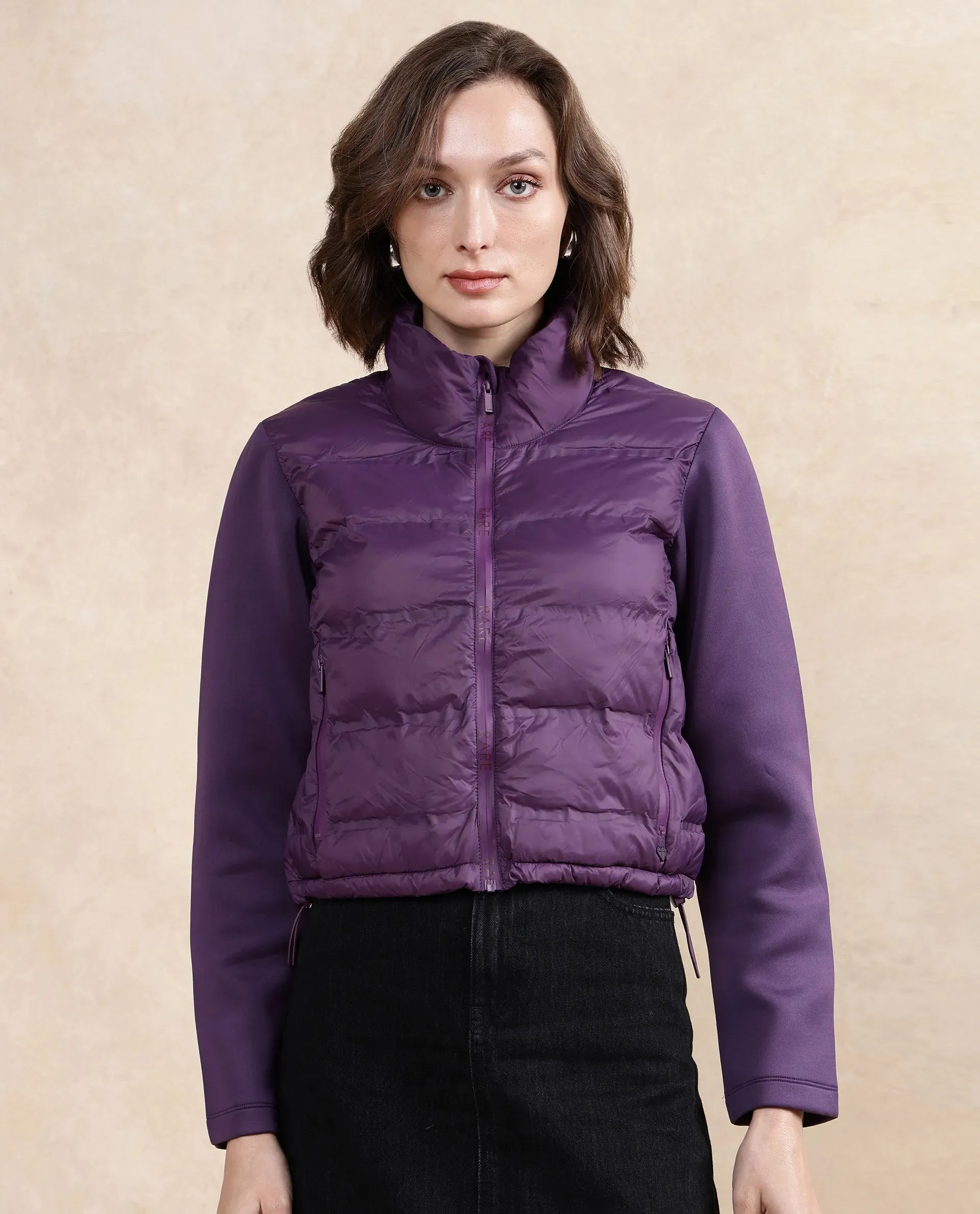 Rareism Women Zarcro Purple Full Sleeve Stand Collar Zipper Closure Plain Jacket