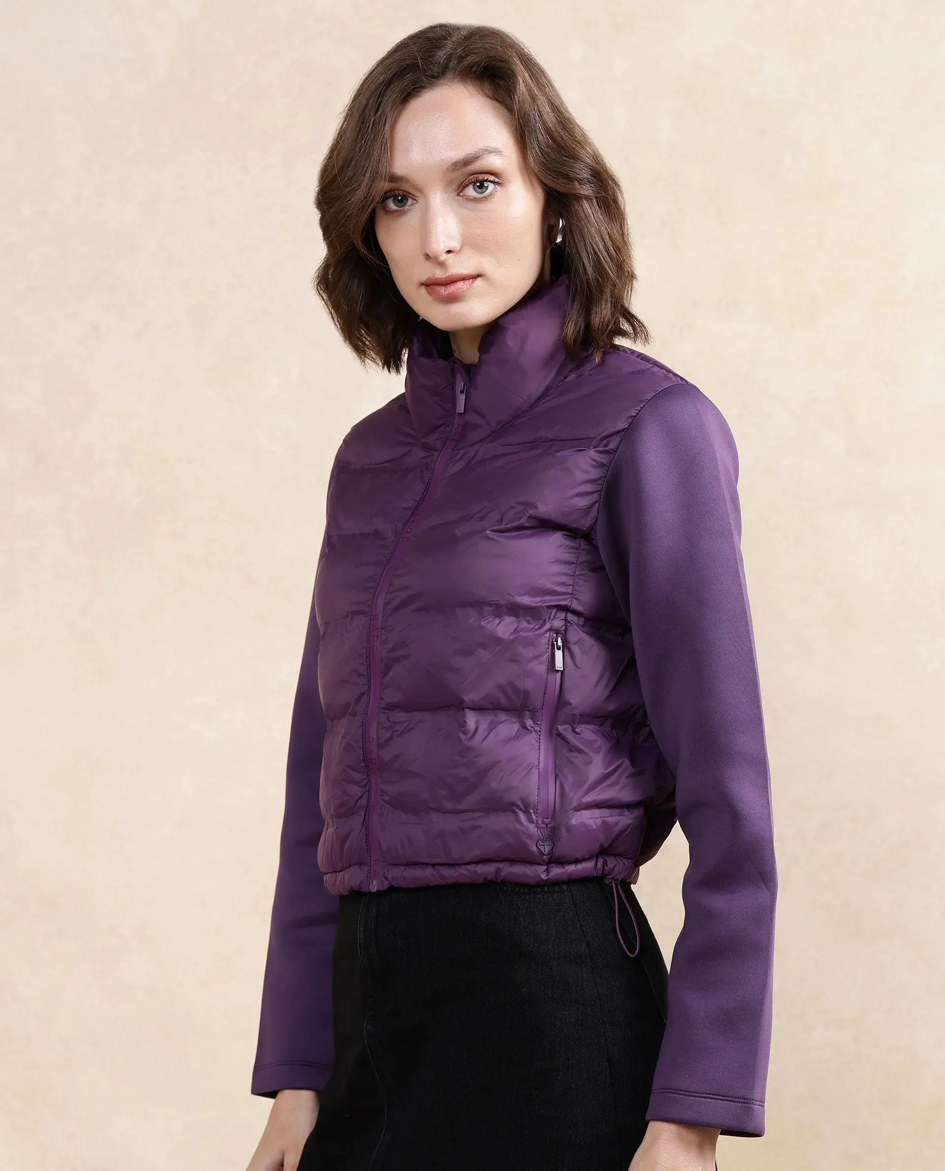 Rareism Women Zarcro Purple Full Sleeve Stand Collar Zipper Closure Plain Jacket