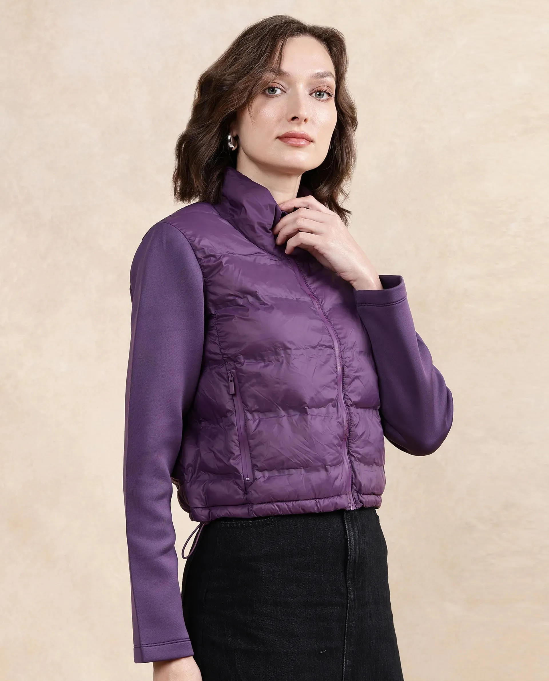 Rareism Women Zarcro Purple Full Sleeve Stand Collar Zipper Closure Plain Jacket