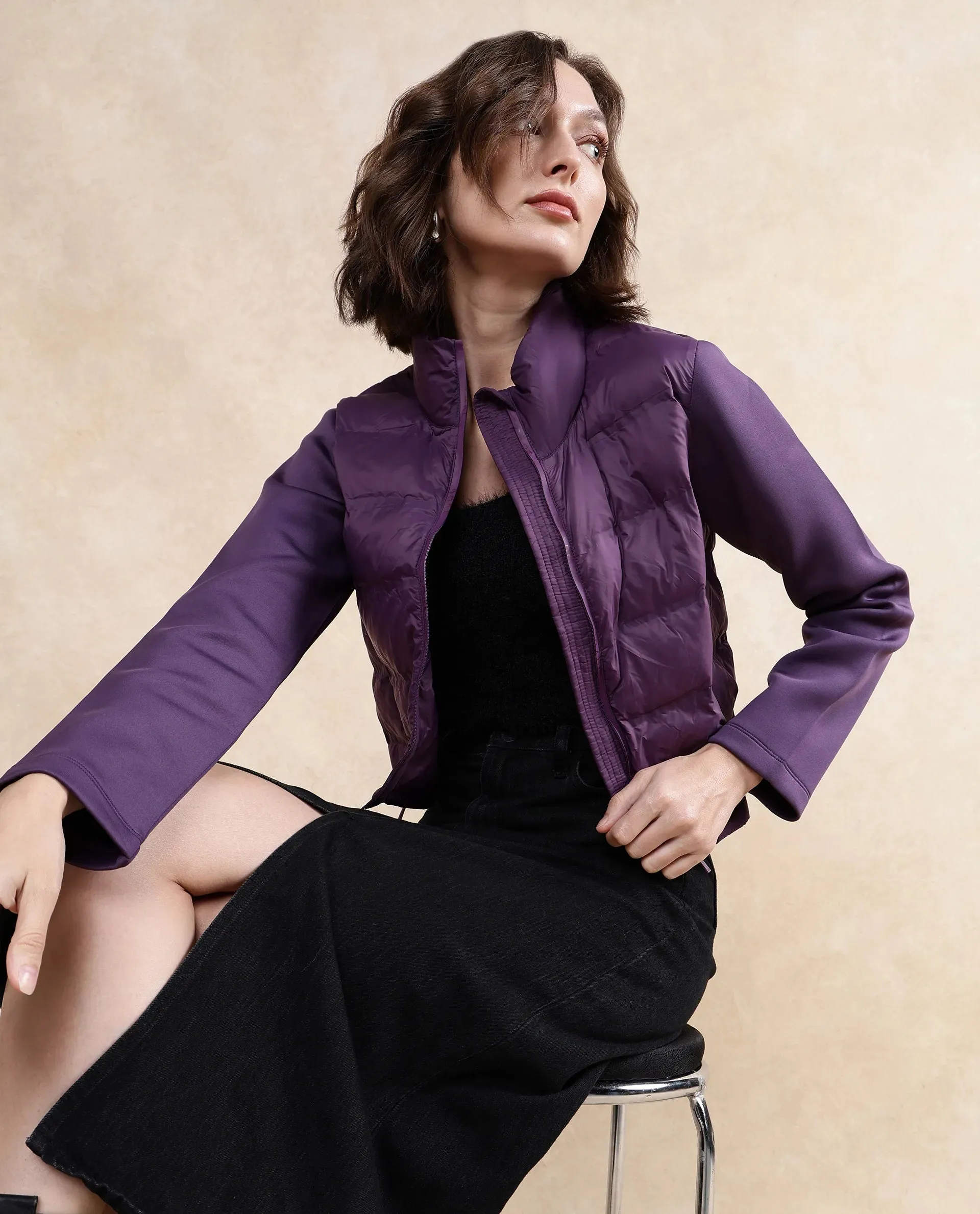 Rareism Women Zarcro Purple Full Sleeve Stand Collar Zipper Closure Plain Jacket