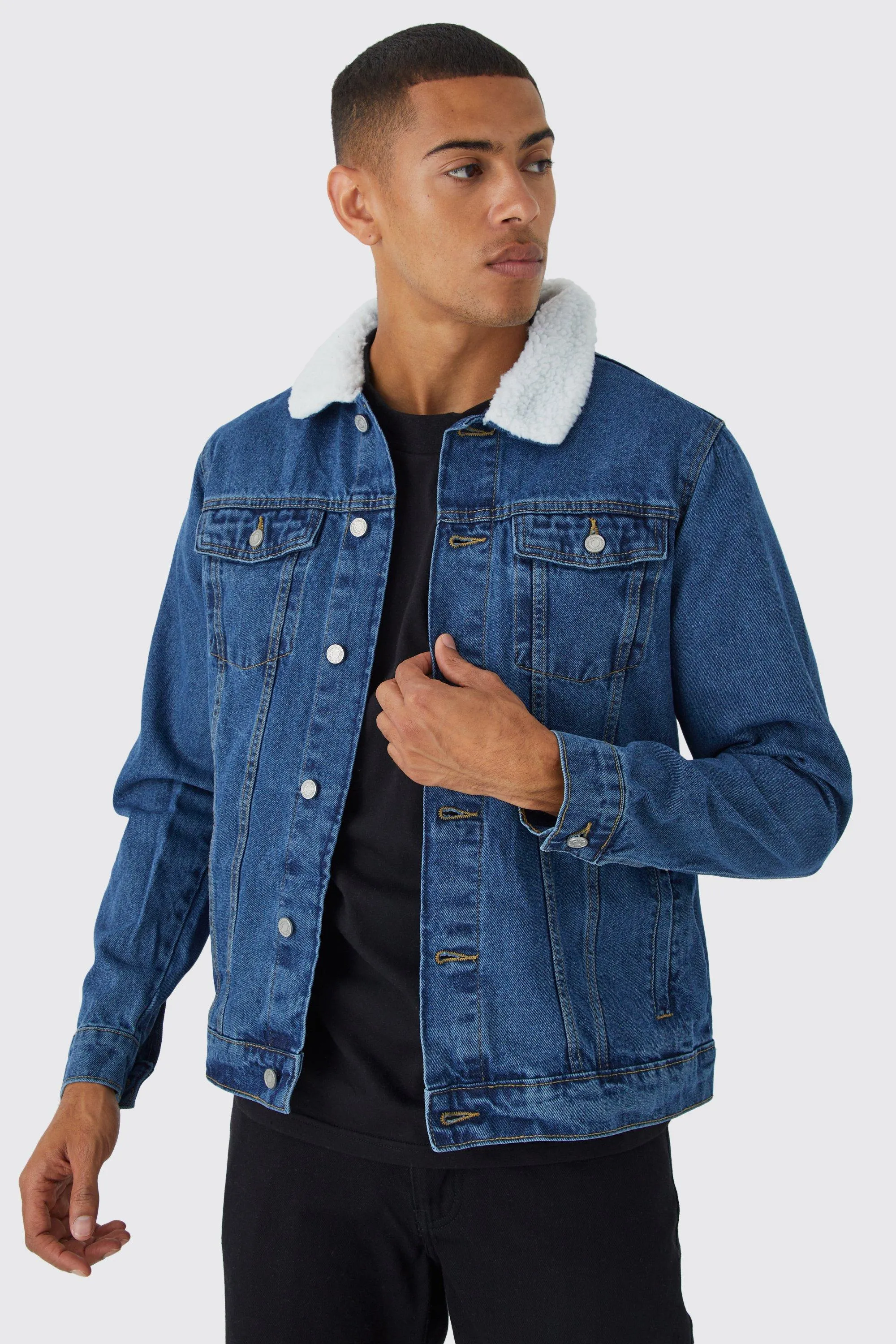 Regular Denim Jacket With Borg Collar