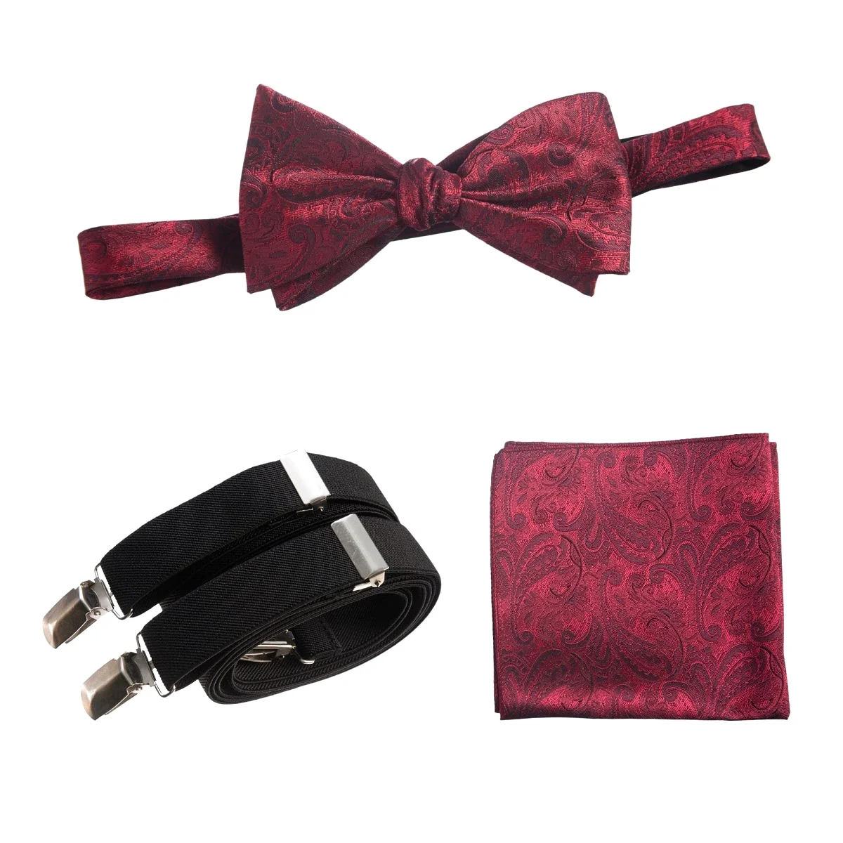 Self-tie Bow Tie & Pocket Square Paisley Jacquard with Adjustable Stretch Suspender