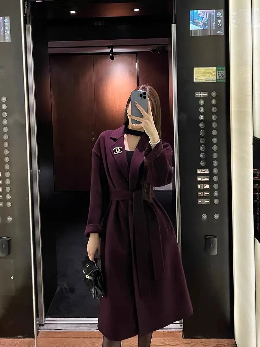 Shanxi said purple wool double-sided woolen suit collar mid-length thickened coat for women with lace-up waist and slim fit (B88