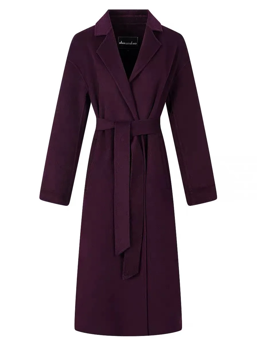 Shanxi said purple wool double-sided woolen suit collar mid-length thickened coat for women with lace-up waist and slim fit (B88