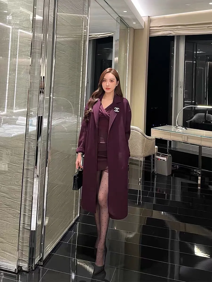 Shanxi said purple wool double-sided woolen suit collar mid-length thickened coat for women with lace-up waist and slim fit (B88