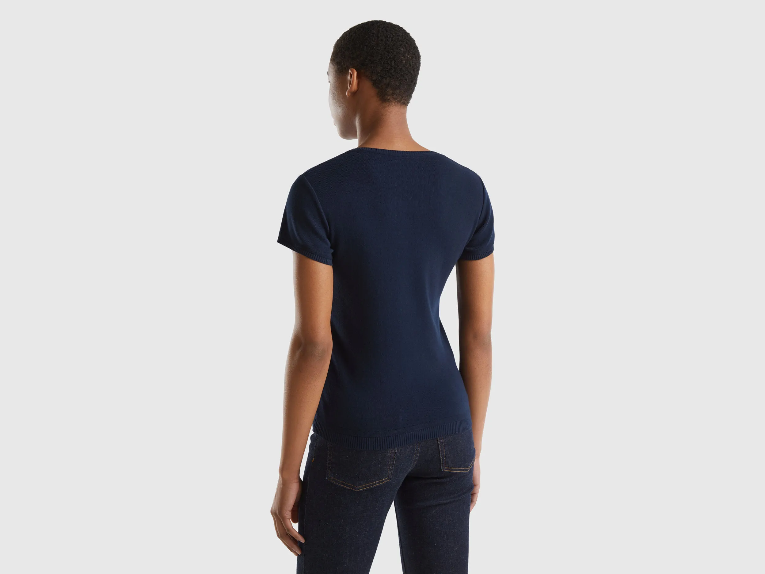 Short sleeve sweater in 100% cotton - Dark Blue | Benetton