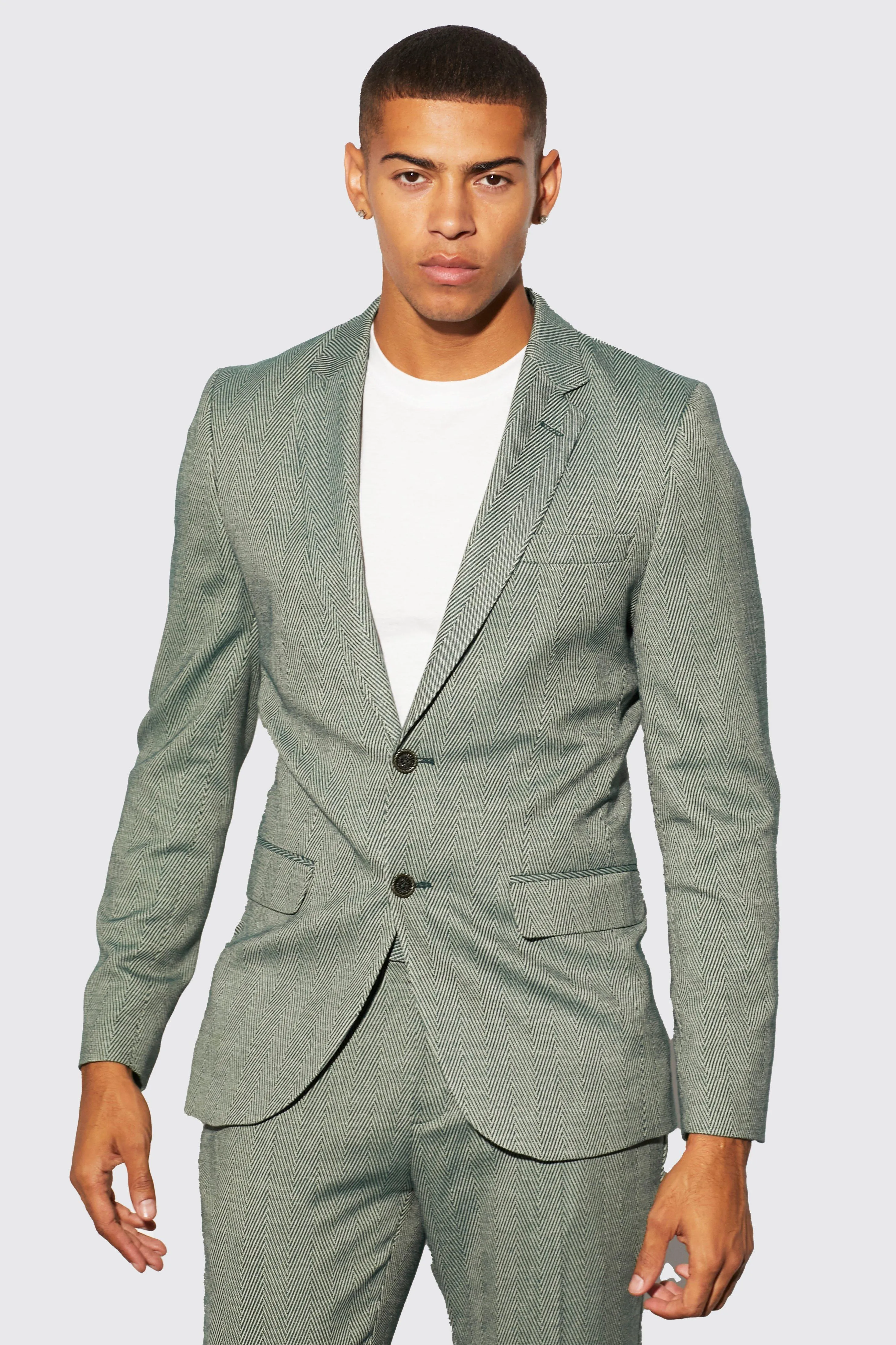 Skinny Single Breast Herringbone Suit Jacket | boohooMAN UK