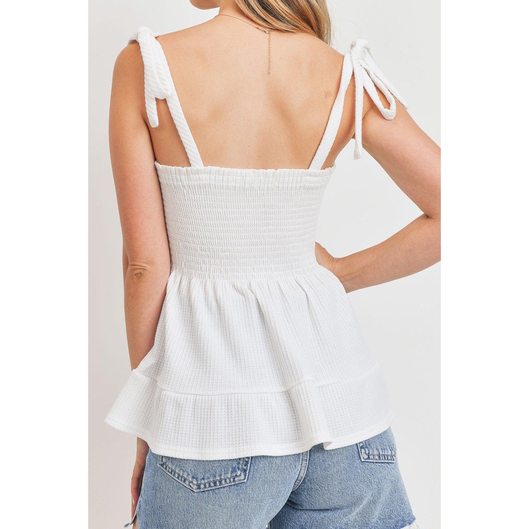 Smocking Bust With Self Tie Straps Sleeveless Waffle Top