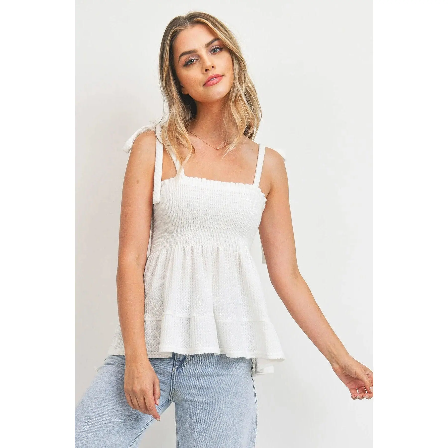 Smocking Bust With Self Tie Straps Sleeveless Waffle Top