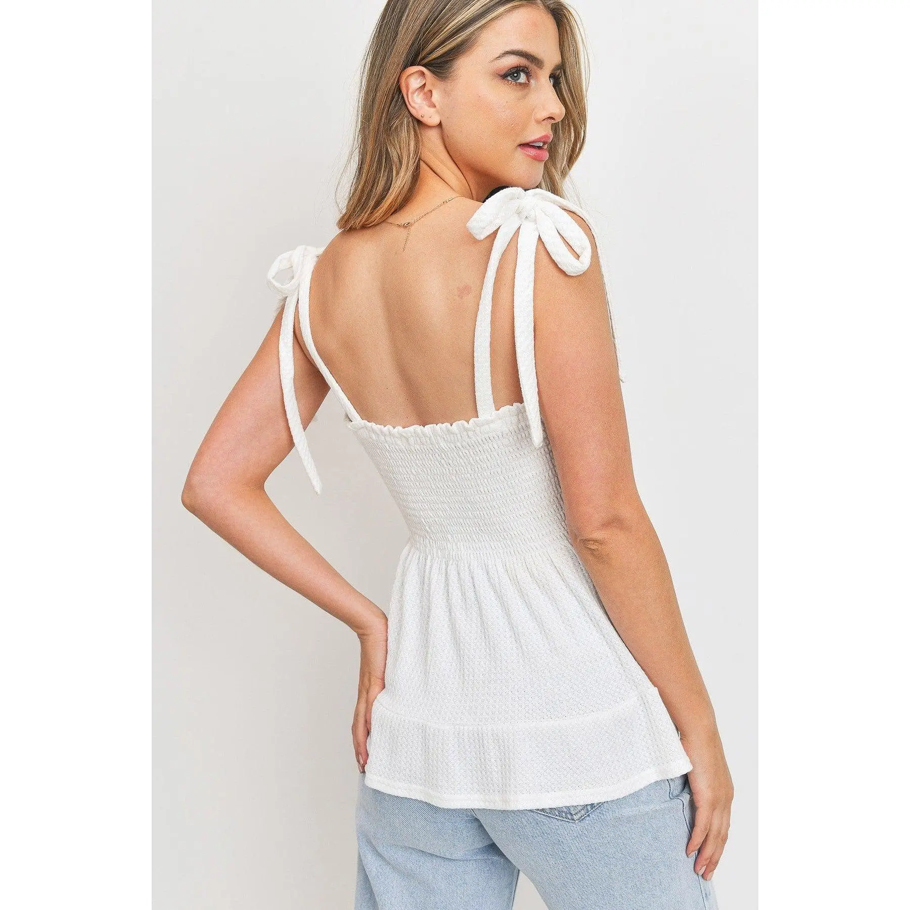 Smocking Bust With Self Tie Straps Sleeveless Waffle Top