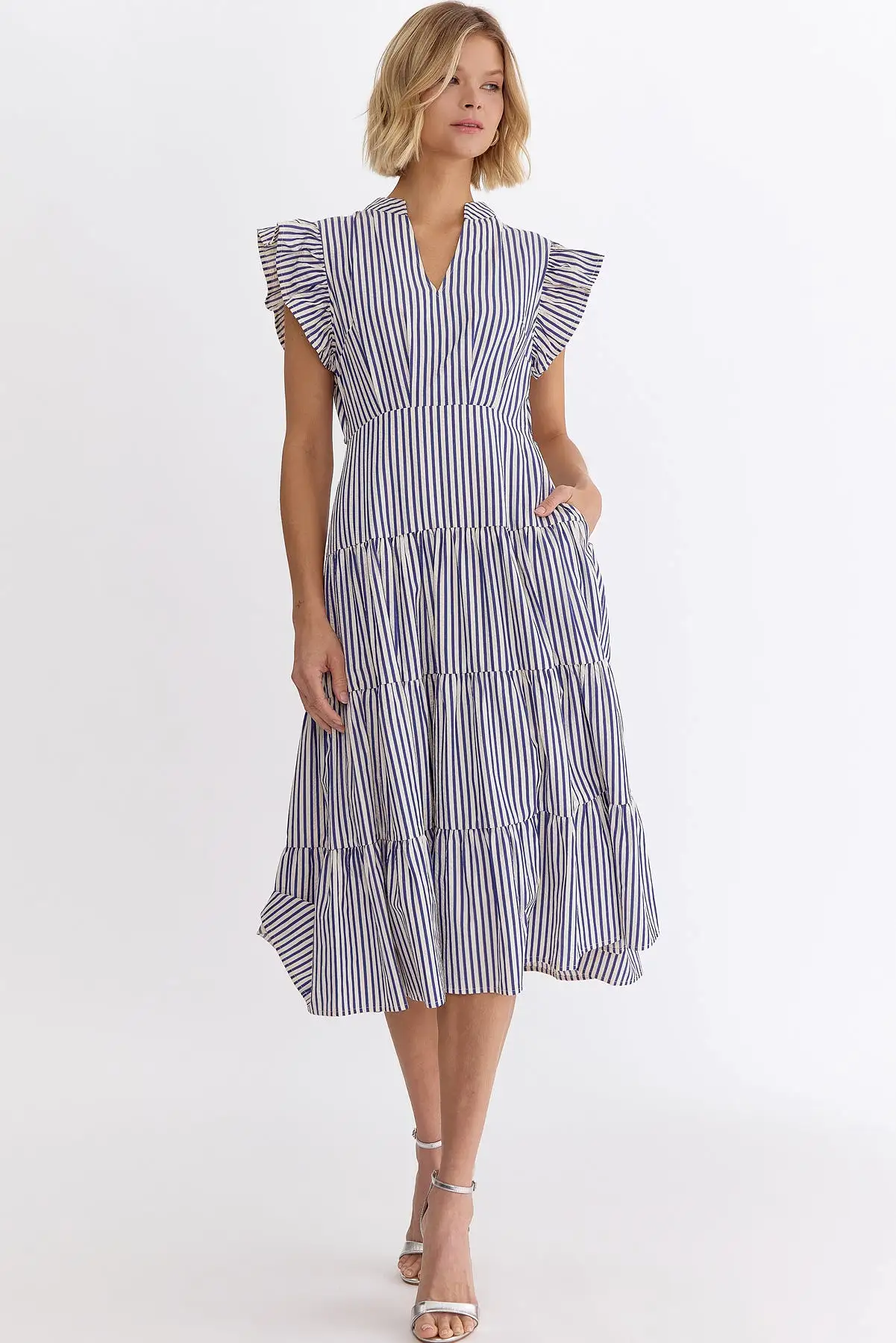 Striped V-neck Sleeveless Midi Dress