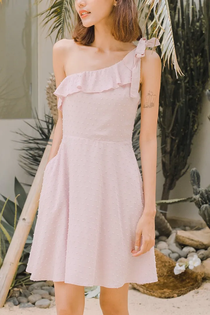 SWISS DOT TOGA RUFFLE DRESS (MAUVE CHALK)