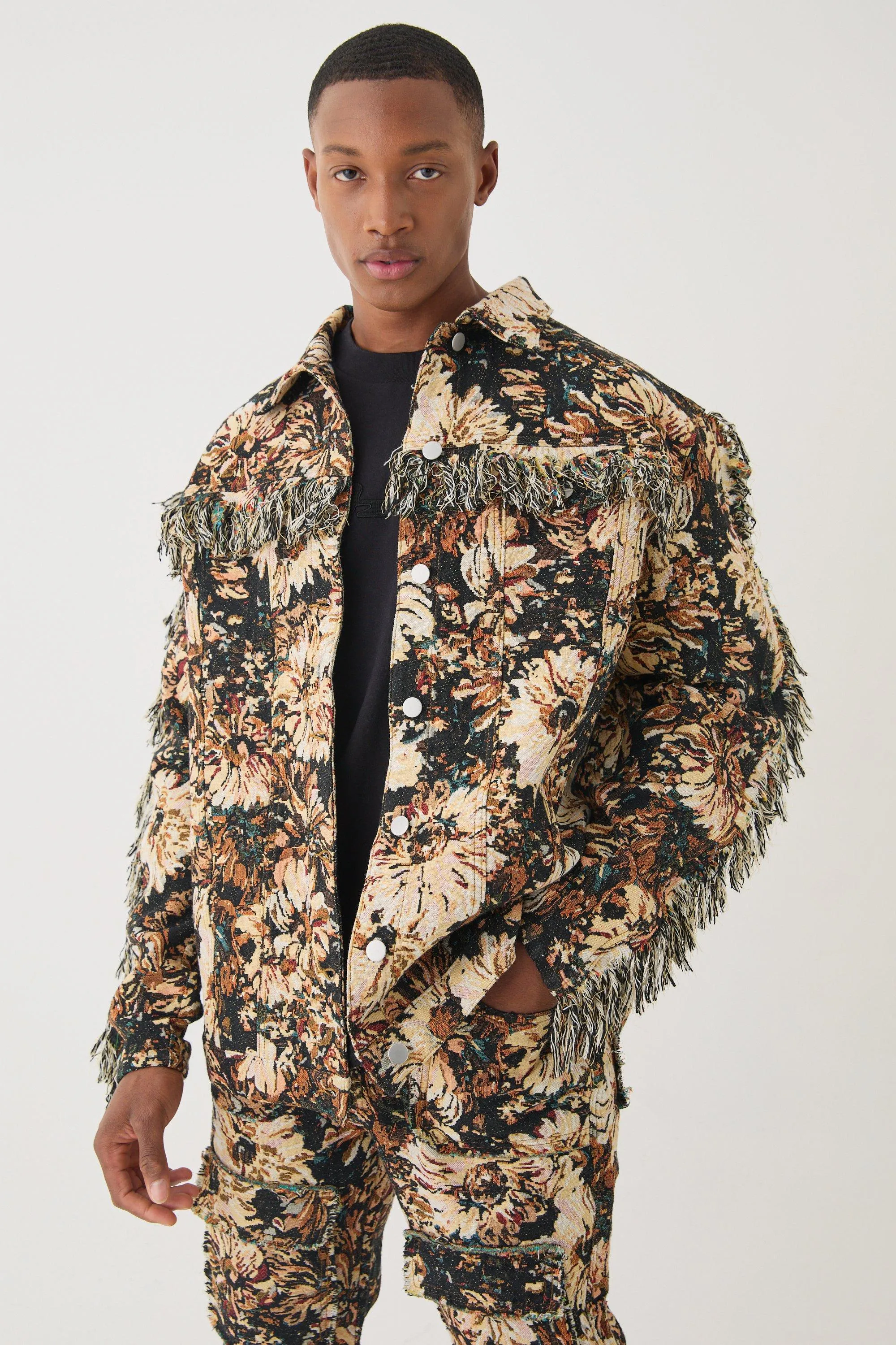 Tapestry Frayed Oversized Shirt Jacket