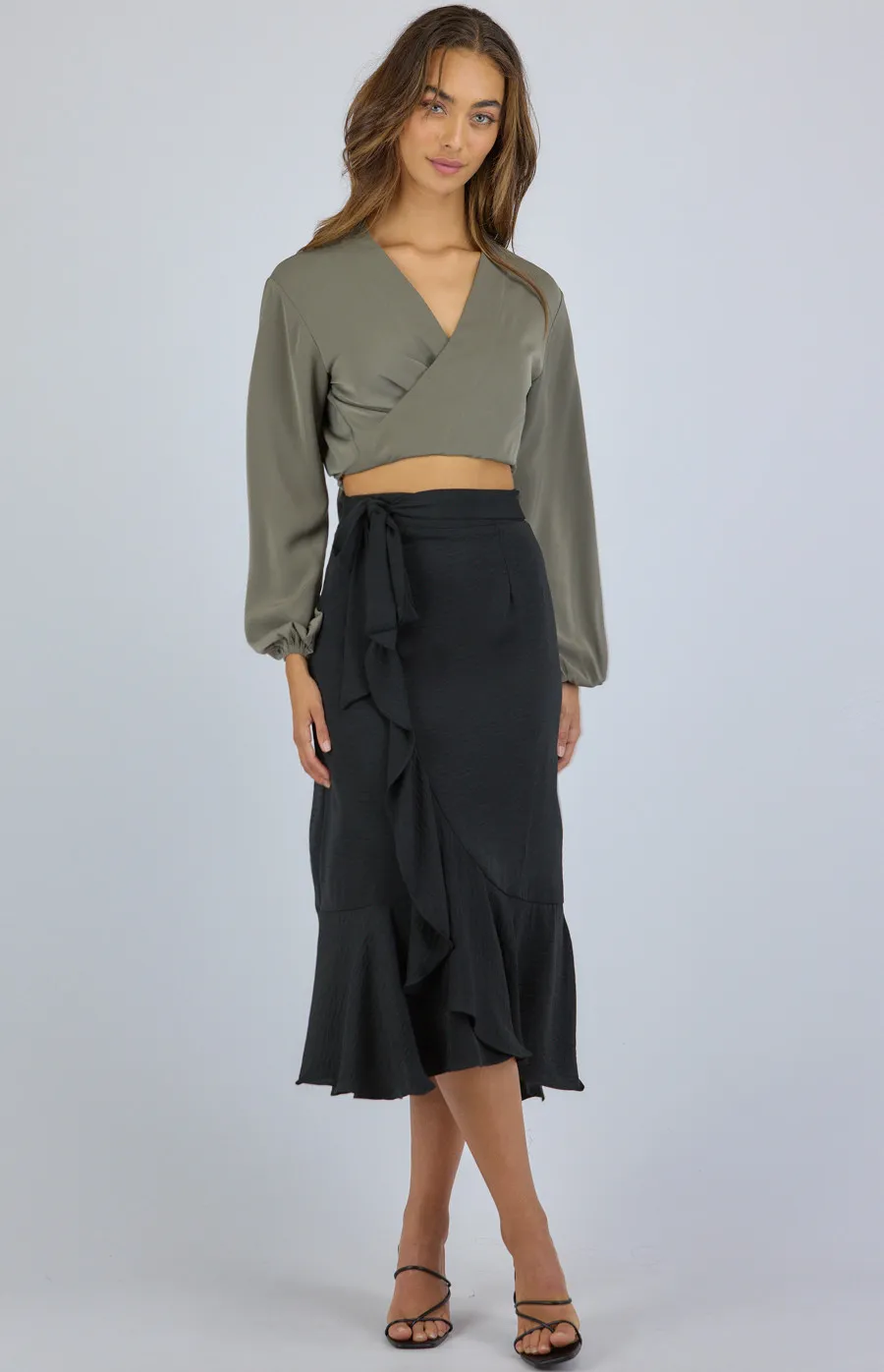 Textured Waterfall Hem Skirt with Self Fabric Belt (SSK320A)