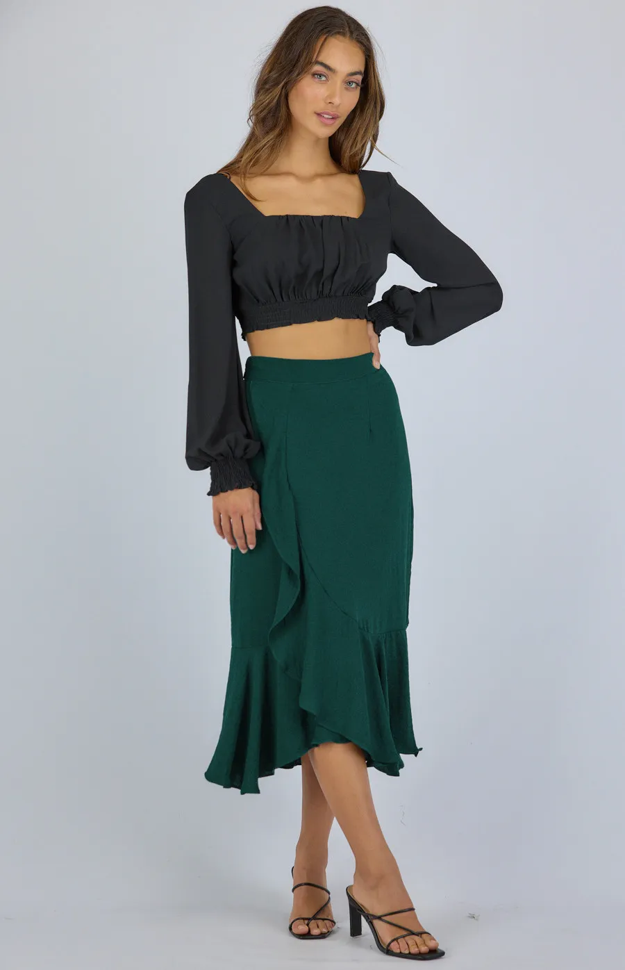 Textured Waterfall Hem Skirt with Self Fabric Belt (SSK320A)