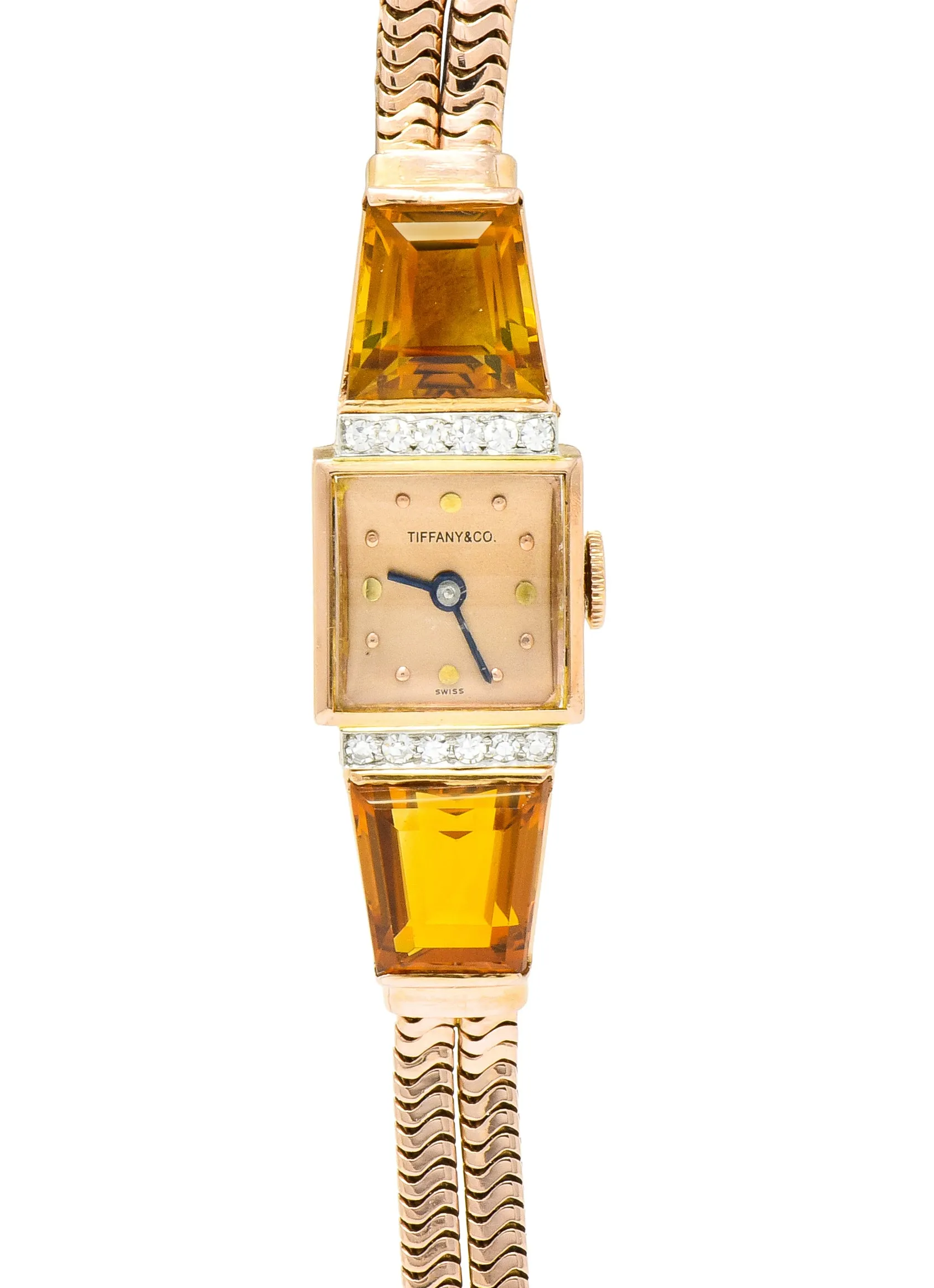 Tiffany & Co. Retro Citrine Diamond 14 Karat Rose Gold Watch Bracelet