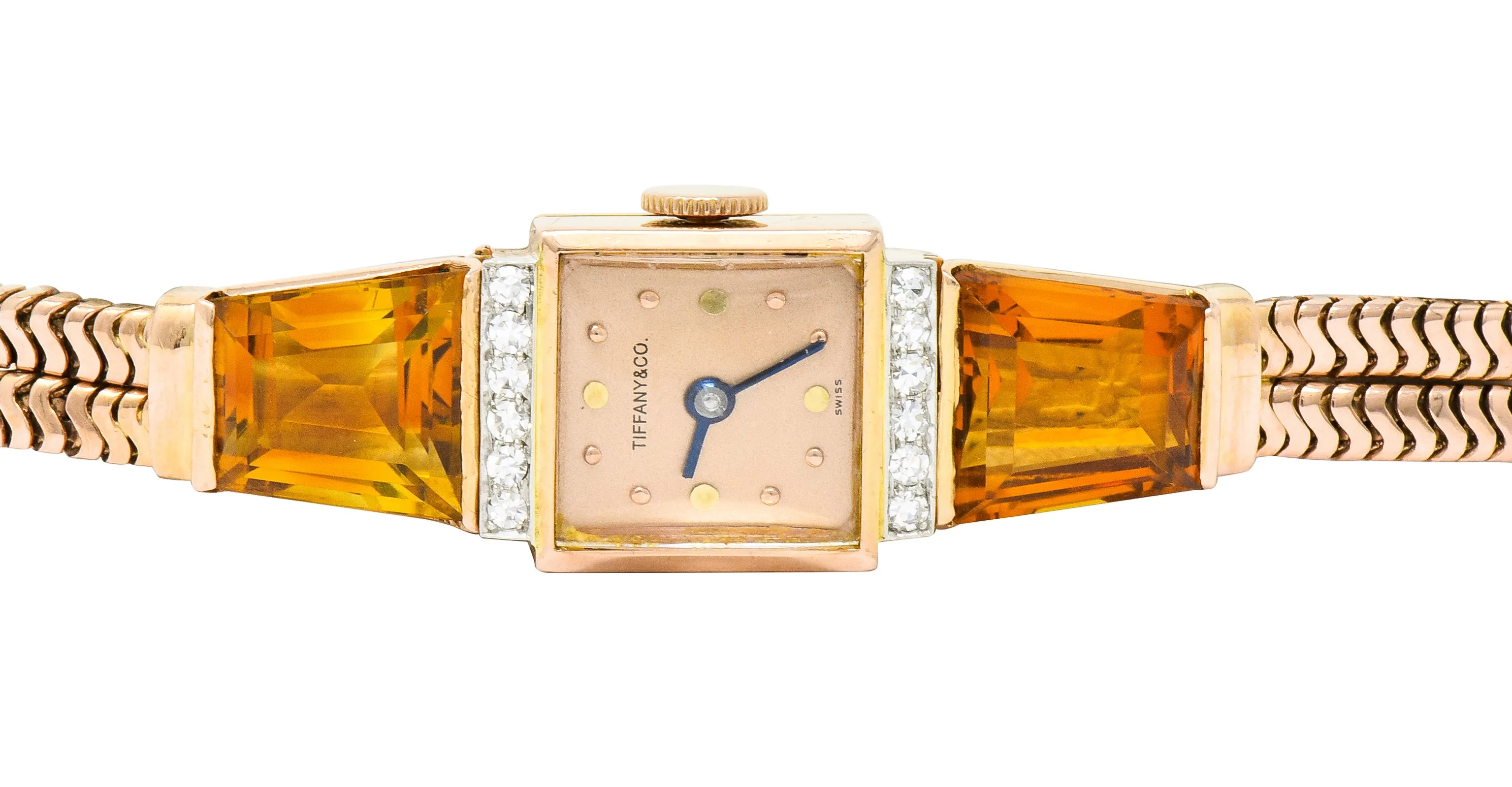 Tiffany & Co. Retro Citrine Diamond 14 Karat Rose Gold Watch Bracelet