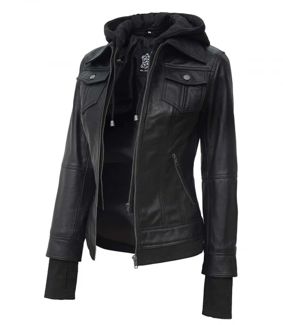 Tralee Black Bomber Women's Leather Jacket With Hood