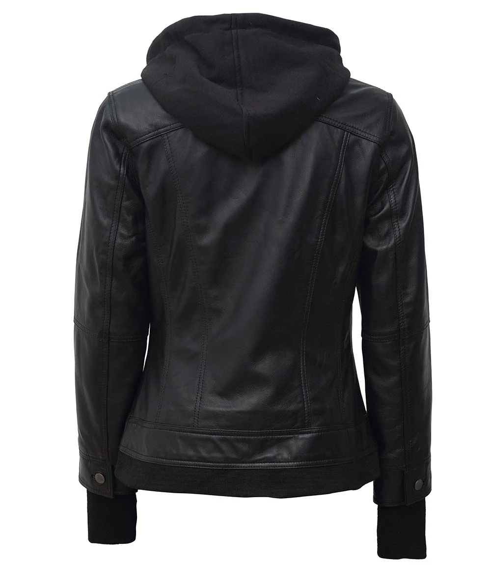 Tralee Black Bomber Women's Leather Jacket With Hood