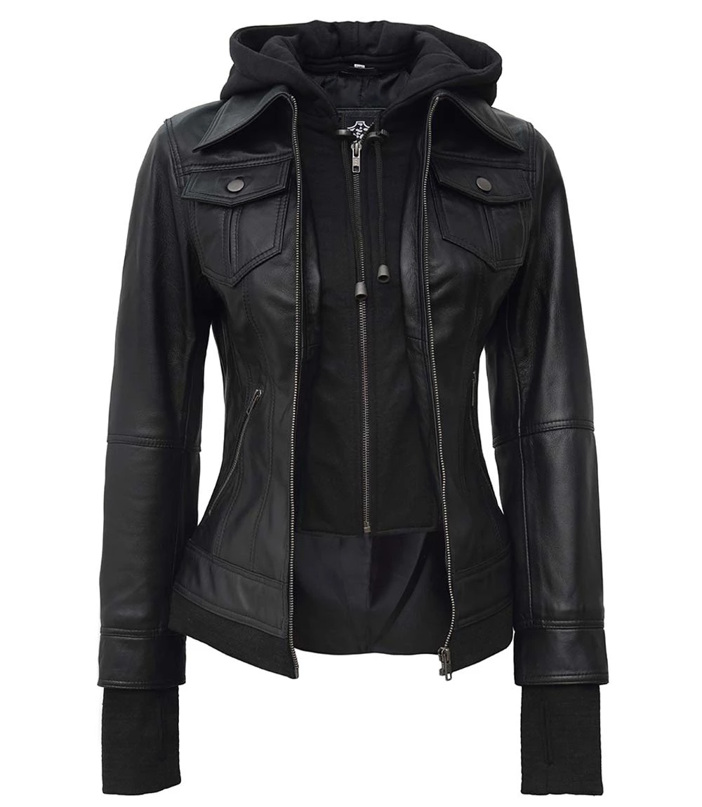 Tralee Black Bomber Women's Leather Jacket With Hood