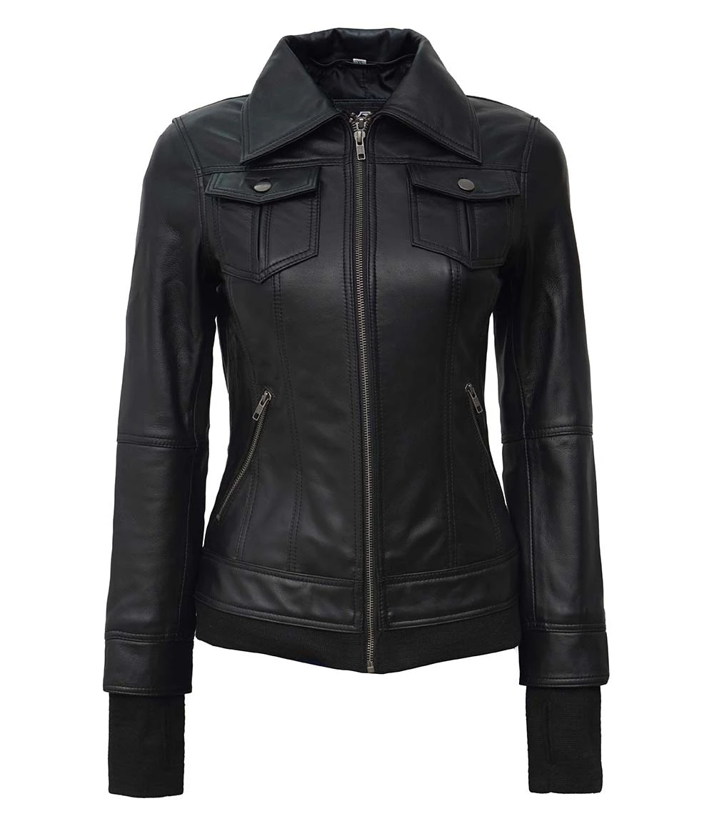 Tralee Black Bomber Women's Leather Jacket With Hood