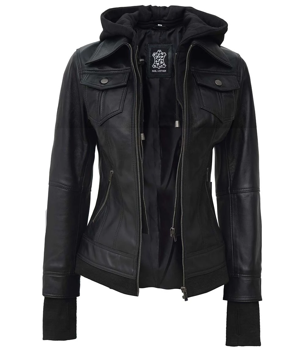 Tralee Black Bomber Women's Leather Jacket With Hood