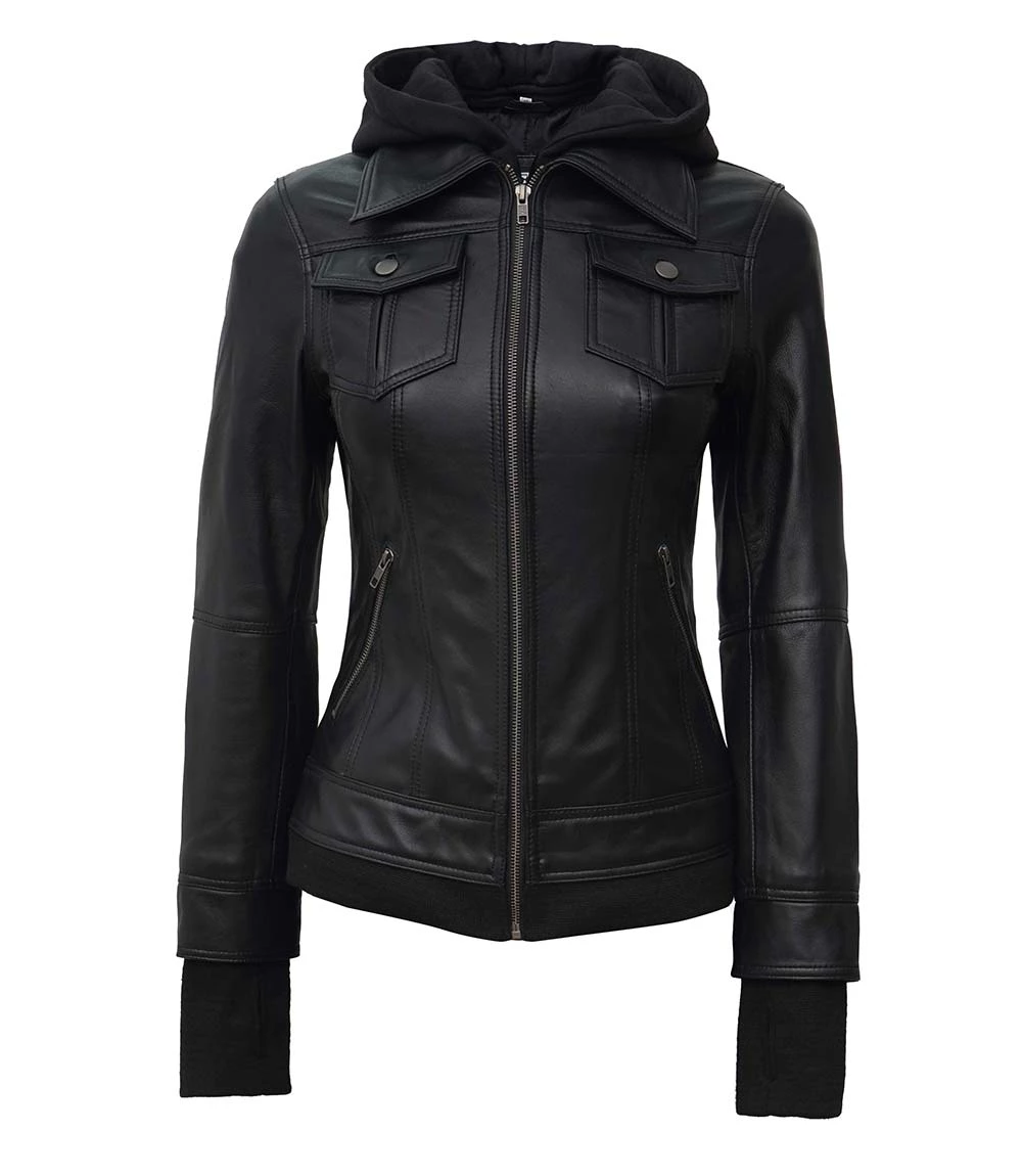 Tralee Black Bomber Women's Leather Jacket With Hood