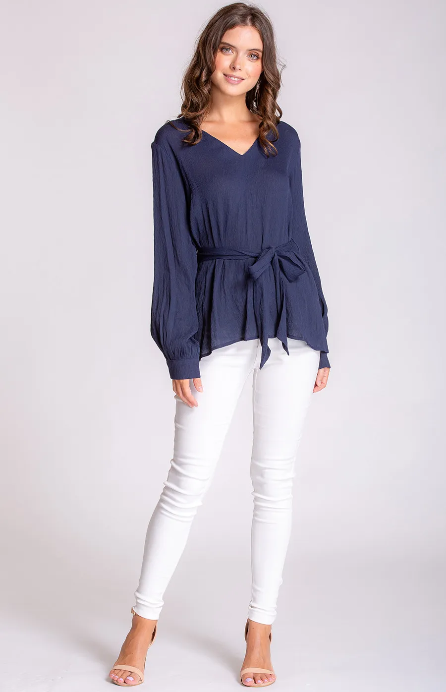 V-Neckline Blouse with Self Fabric Tie detail (STO370B)