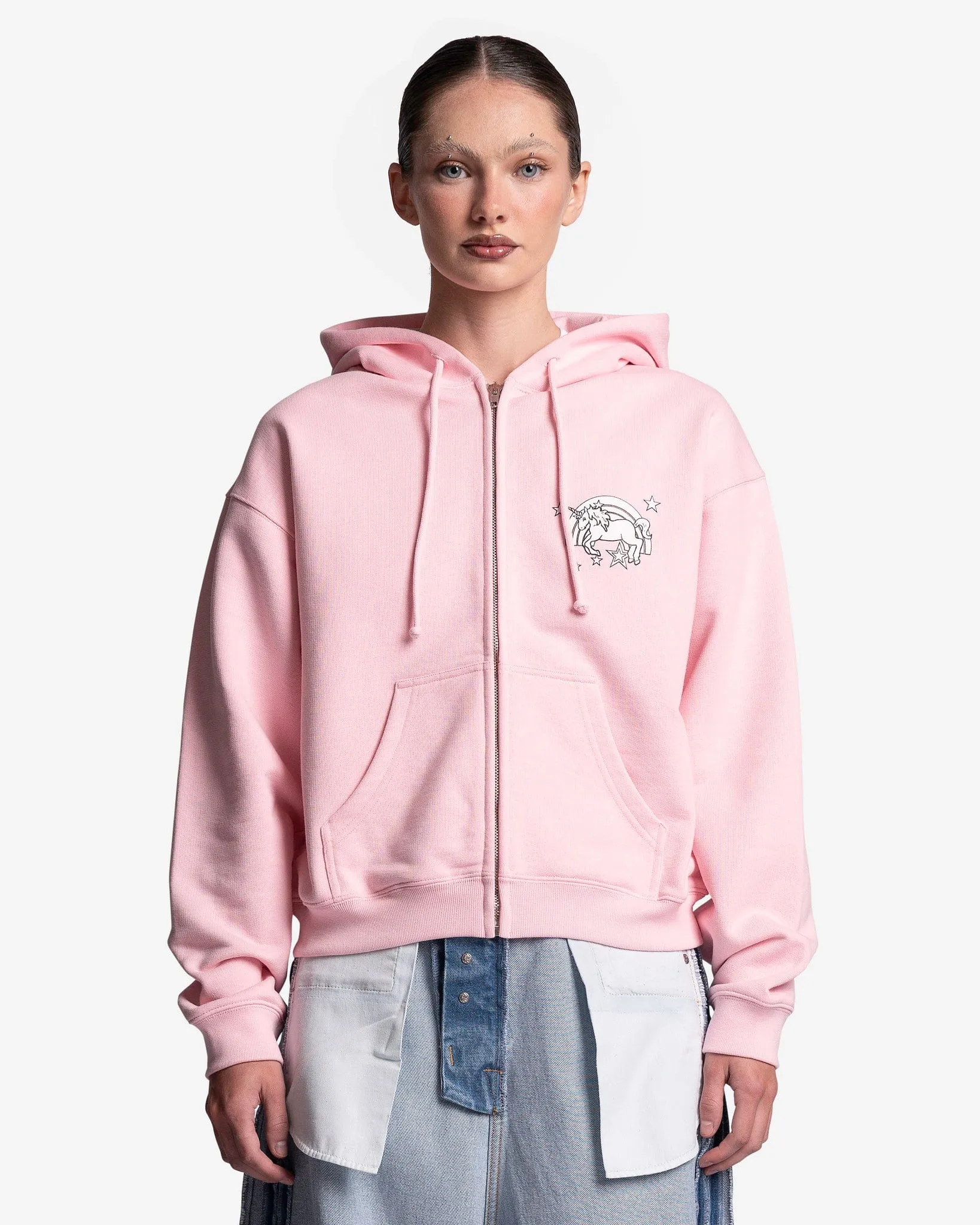 VETEMENTS Magic Unicorn Fitted Zip-Up Hoodie in Baby Pink