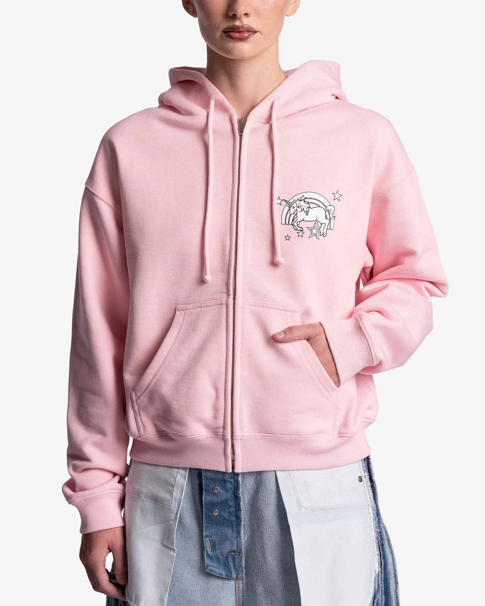 VETEMENTS Magic Unicorn Fitted Zip-Up Hoodie in Baby Pink