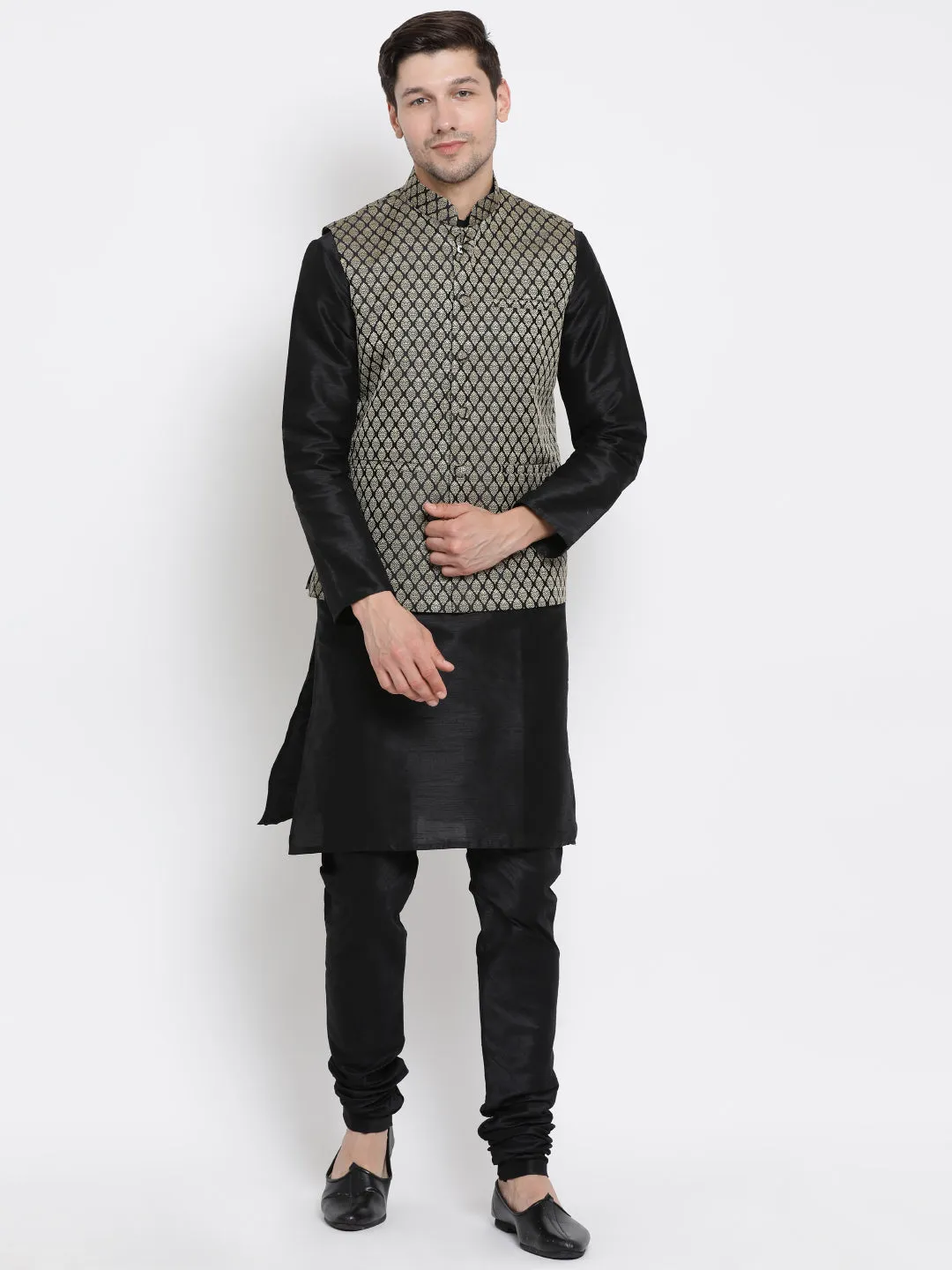 VM BY VASTRAMAY Men's Black Silk Blend Jacket with Kurta Pyjama Set