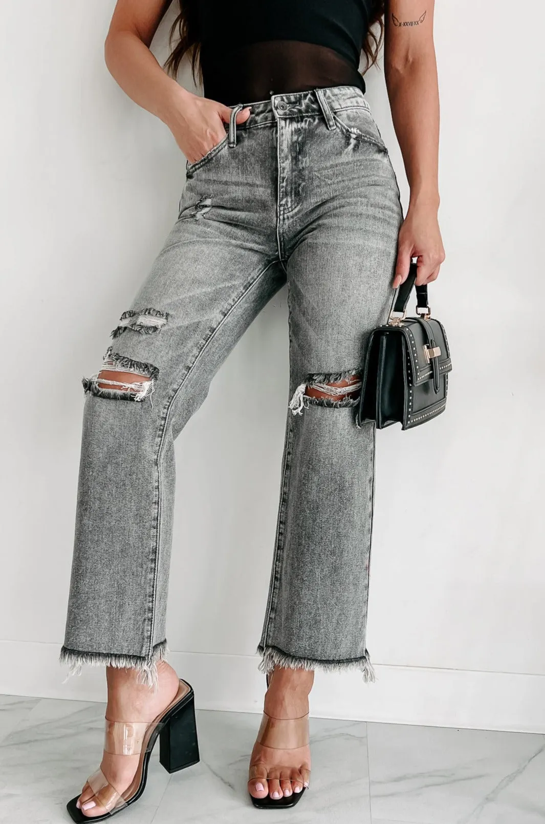 What A Rush High Rise Distressed Special A Mom Jeans (Grey)